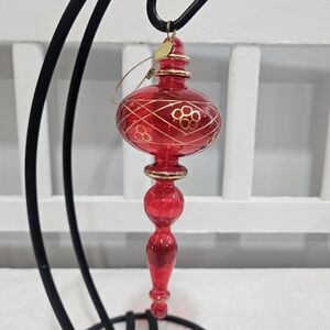 Festive Red Glass Drop Ornament with Gold Accents